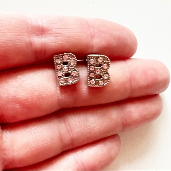 Silver Toned Sparkle B Stud Earrings - Picture 1 of 2